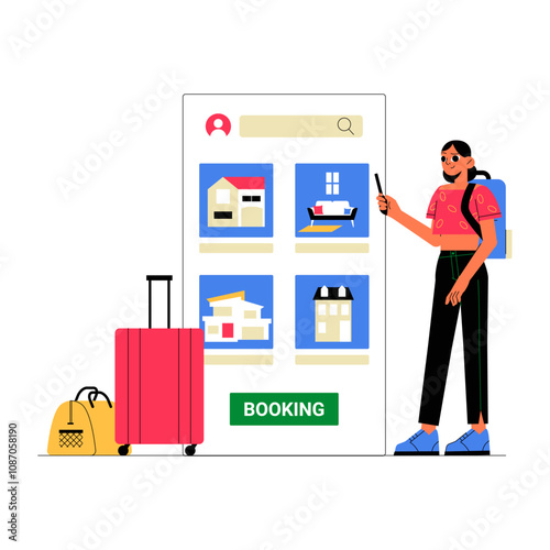 Female Traveler Booking Accommodation Online With Smartphone And Suitcase In Flat Vector Illustration Symbolizing Travel Planning, Technology, And Tourism, Isolated On White Background.