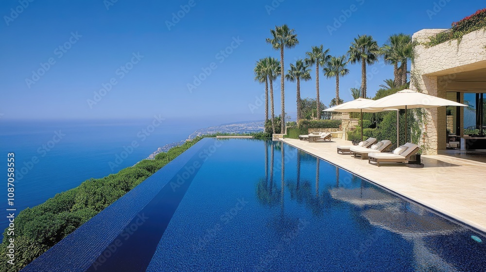 Fototapeta premium Stunning Infinity Pool Overlooking Tranquil Ocean with Luxurious Lounge Chairs and Palm Trees in a High-End Resort Setting Under Clear Blue Sky
