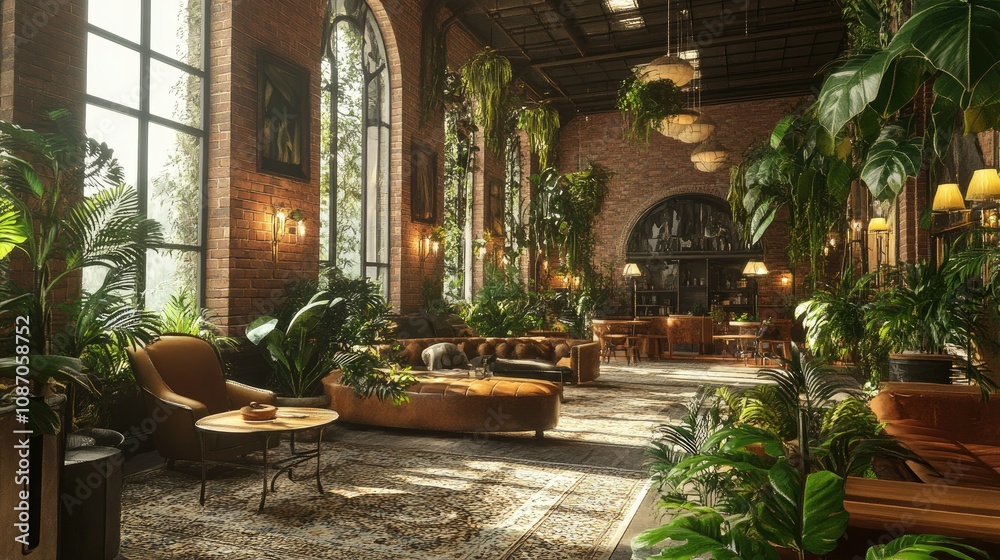 Sunlit interior of a lush, plant-filled brick building with leather furniture and a bar. Sunlit interior of a lush, plant-filled brick building with leather furniture and a bar.