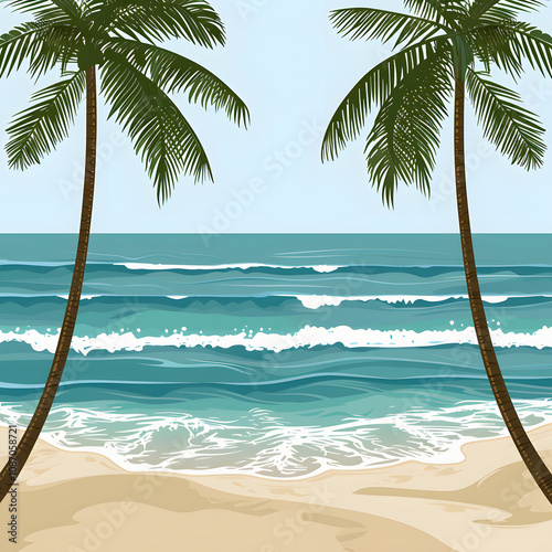 tropical beach paradise with palm trees, pristine white sand, and crystal-clear blue waters highlighted by white, flat design, png photo