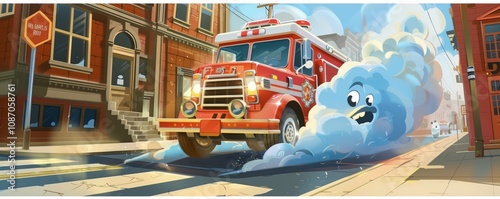 Cartoon determined red fire truck races down the street with its siren blaring, chasing a mischievous blue puff of smoke.