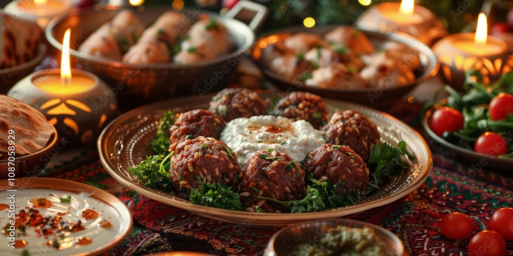 Freshly made Lebanese kibbeh with yogurt sauce on a festive table, 4K hyperrealistic photo. Freshly made Lebanese kibbeh with yogurt sauce on a festive table, 4K hyperrealistic photo.