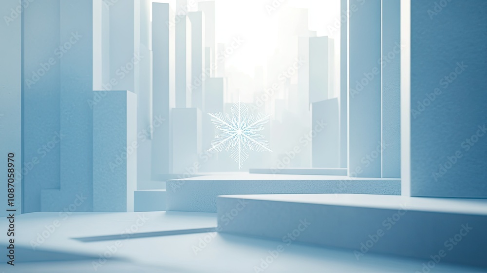 Fototapeta premium Abstract winter city scene with snowflake, showcasing geometric platforms and a bright, minimalist design.