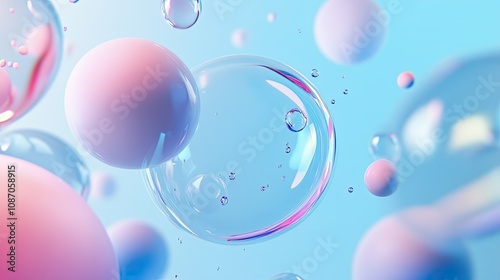 Abstract pastel-colored spheres and bubbles floating on a light blue background.