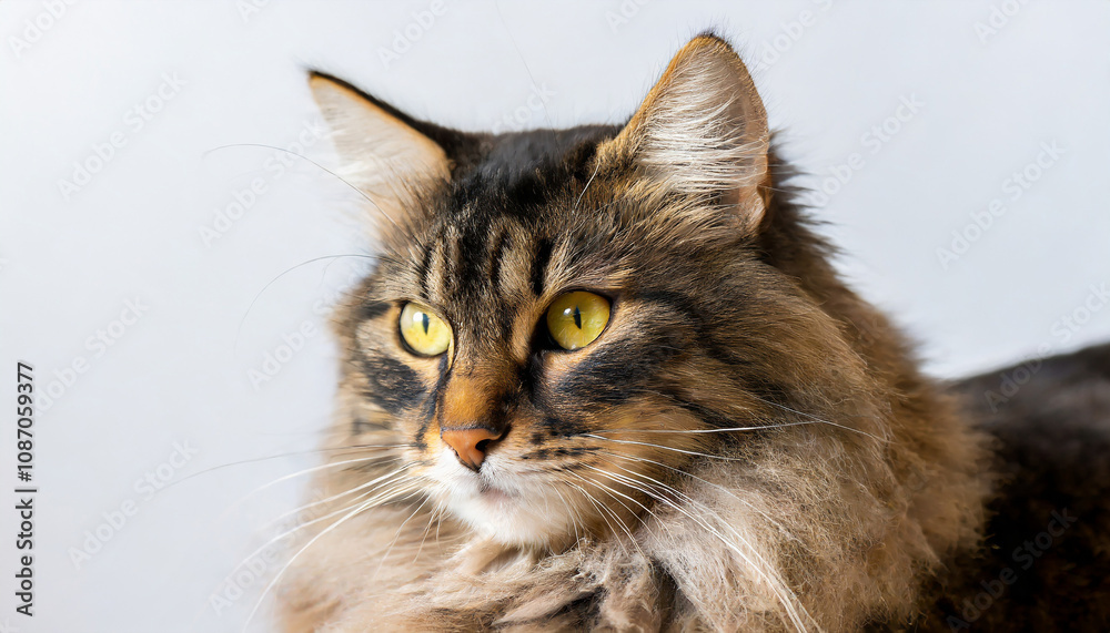 Close up of a fluffy tabby cat. Concept of domestic pet, feline beauty, and animal portrait. Close up of a fluffy tabby cat. Concept of domestic pet, feline beauty, and animal portrait.