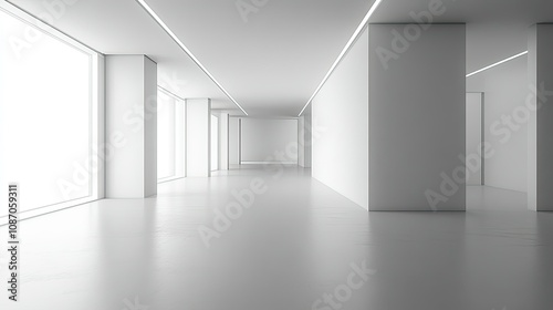 Minimalist white corridor with large windows and bright lighting.