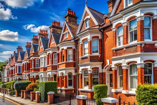 Row of Restored Victorian Houses in Red Brick and White Finishing on a Charming Local Street in Clapham, South London, Showcasing Architectural Beauty and Urban Heritage