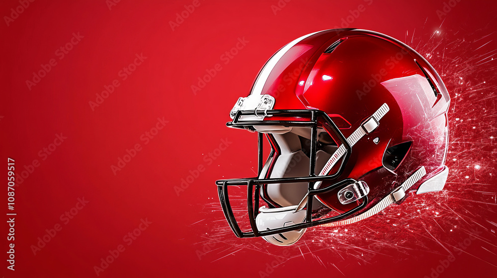 Fototapeta premium American football helmets on red backgrounds, Super Bowl sports equipment concept