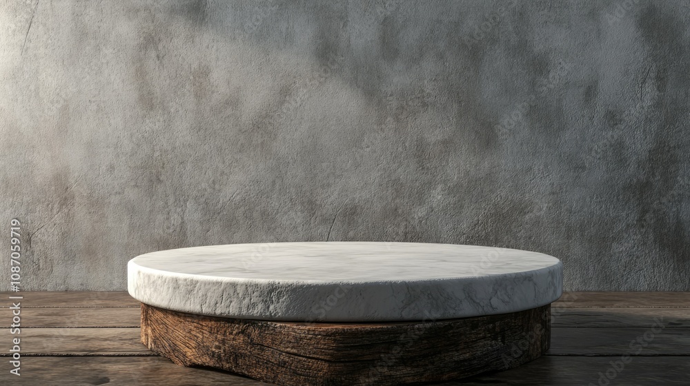 Rustic wooden base supporting a round marble display platform against a textured wall.