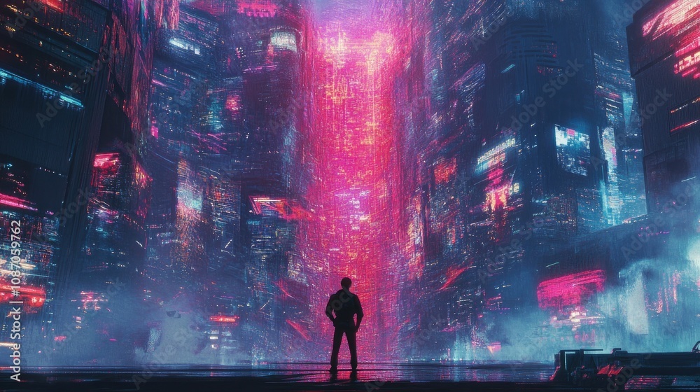 Silhouette of a man standing in a futuristic city with vibrant neon lights and a glowing central structure. Silhouette of a man standing in a futuristic city with vibrant neon lights and a glowing central structure.