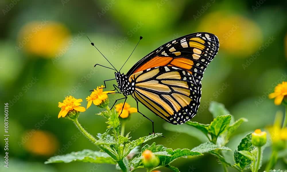 Monarch Butterfly Feeding on Yellow Flowers in Lush Green Foliage Monarch Butterfly Feeding on Yellow Flowers in Lush Green Foliage