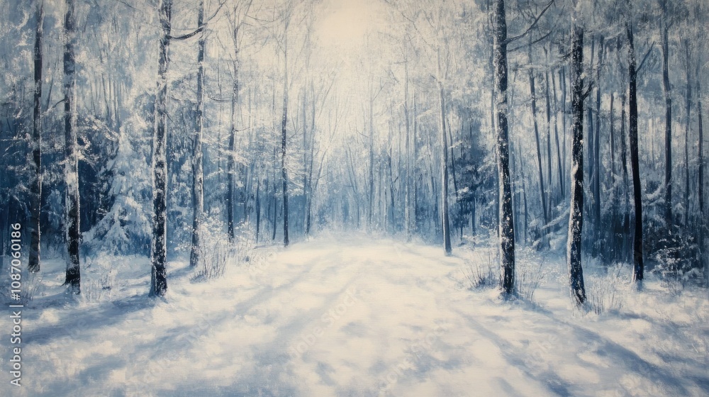 Serene winter forest path, snow-covered trees, sunlight. Serene winter forest path, snow-covered trees, sunlight.