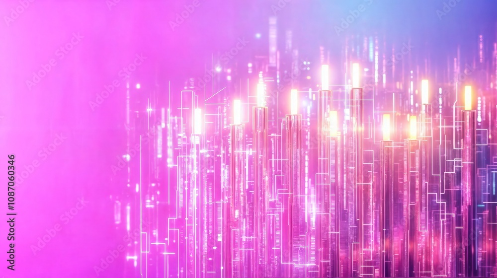 Abstract futuristic cityscape with glowing neon lights and holographic skyscrapers in vibrant pink tones
