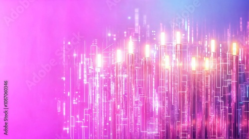 Obraz na płótnie Abstract futuristic cityscape with glowing neon lights and holographic skyscrapers in vibrant pink tones
w salonie
