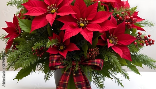Festive poinsettia bouquet with greenery, berries, and plaid bow