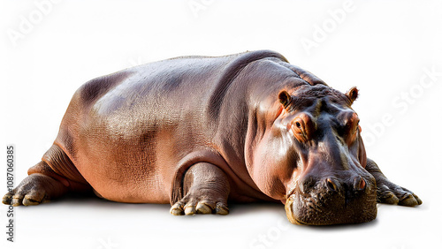 A hippopotamus lies calmly on a white background.
