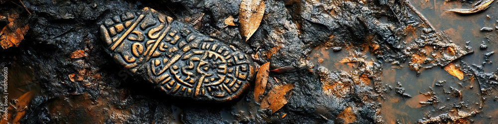A close-up shot of an intricately patterned Amazonian pottery shard, nestled amongst the damp earth of the rainforest floor. A close-up shot of an intricately patterned Amazonian pottery shard, nestled amongst the damp earth of the rainforest floor.