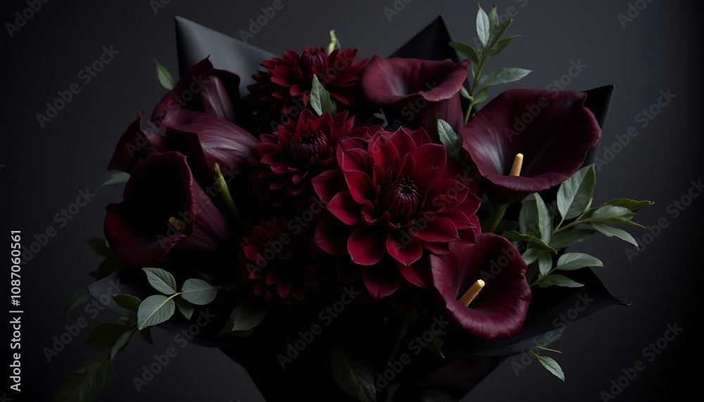 Elegant dark burgundy floral bouquet with calla lilies and dahlias Elegant dark burgundy floral bouquet with calla lilies and dahlias