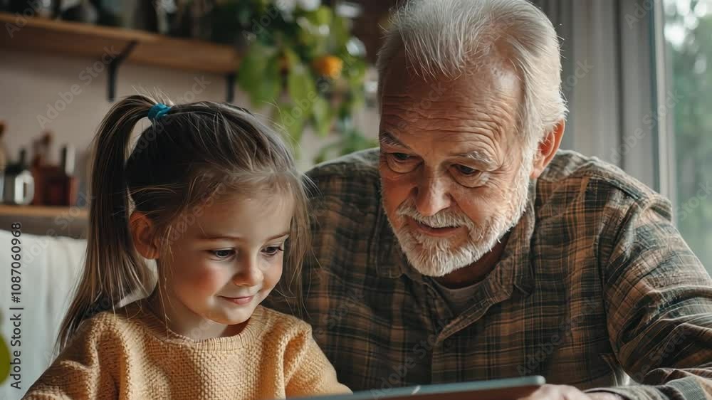 A grandparent discussing online safety with their grandchild, both engaged in a thoughtful conversation at the dining table with a tablet between them.
