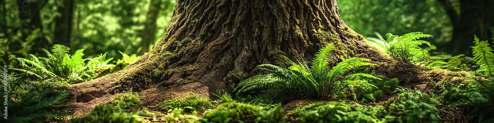 A large tree trunk, its rough bark covered in lush moss and ferns, standing proudly in the center of the frame. A large tree trunk, its rough bark covered in lush moss and ferns, standing proudly in the center of the frame.