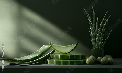 aloe vera slices and olive in a dark olive green background ,generative ai