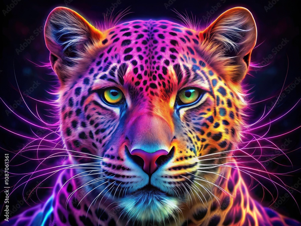Obraz premium Neon Purple Leopard Face with Abstract Patterns and Vibrant Colors in Panoramic Photography Style