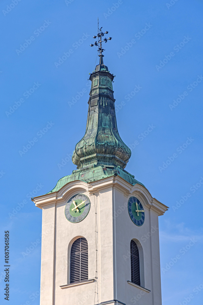 Obraz premium Clock at Bell Tower Church of Our Lady of Help in Slavonski Brod Croatia Sunny Autumn Day