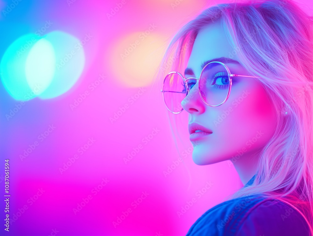 Stylish Blonde Woman in Oversized Glasses with Neon Lights and Vibrant Colors Stylish Blonde Woman in Oversized Glasses with Neon Lights and Vibrant Colors
