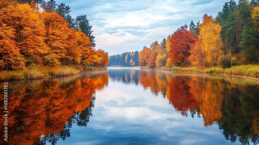 Fototapeta premium Autumn Landscape with Colorful Trees and Reflections on a Calm Lake