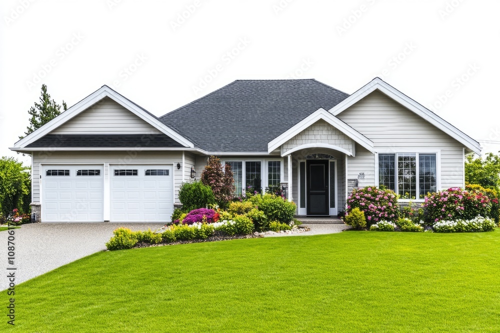 Beautiful suburban home with a neat lawn and vibrant flowers. This modern house features a welcoming entrance and stylish architecture. Perfect for family living. Generative AI Beautiful suburban home with a neat lawn and vibrant flowers. This modern house features a welcoming entrance and stylish architecture. Perfect for family living. Generative AI