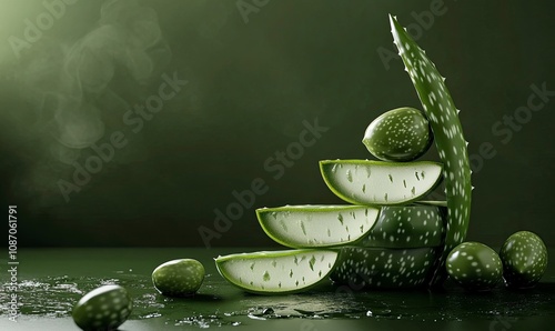 aloe vera slices and olive in a dark olive green background ,generative ai