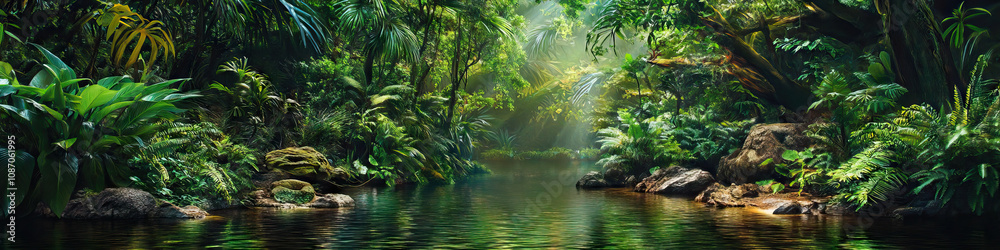 Frog's Paradise: A serene scene of a peaceful pond in the rainforest, surrounded by towering trees and vibrant foliage. Frog's Paradise: A serene scene of a peaceful pond in the rainforest, surrounded by towering trees and vibrant foliage.
