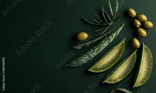 aloe vera slices and olive in a dark olive green background ,generative ai
