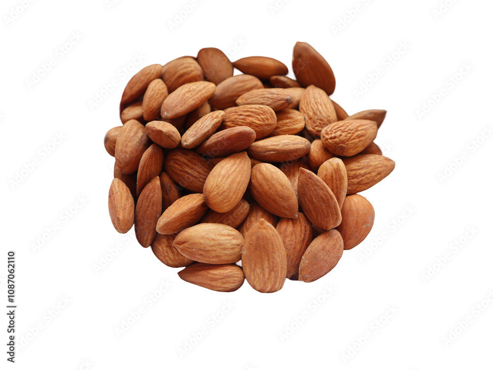 Almonds isolated on a white background, perfect for concepts of healthy eating, natural snacks, superfoods, and nutrition, ideal for food, wellness, and diet visuals. Selective focus Almonds isolated on a white background, perfect for concepts of healthy eating, natural snacks, superfoods, and nutrition, ideal for food, wellness, and diet visuals. Selective focus