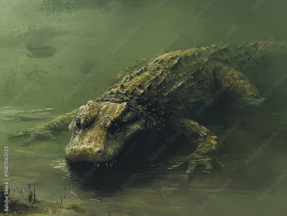 Realistic Illustration of a Crocodile Lurking in Murky Waters, Capturing the Essence of Nature's Fearsome Predator in an Artistic Style Realistic Illustration of a Crocodile Lurking in Murky Waters, Capturing the Essence of Nature's Fearsome Predator in an Artistic Style