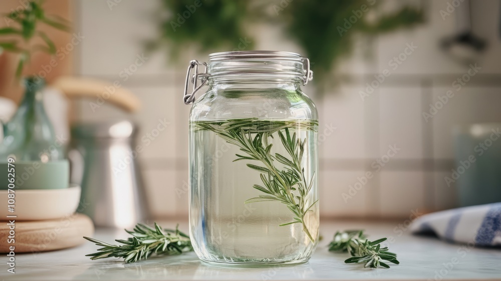 Fresh Rosemary Infusion in Glass Jar with Natural Background and Soft Lighting, Capturing the Essence of Home Cooking and Herbal Remedies Fresh Rosemary Infusion in Glass Jar with Natural Background and Soft Lighting, Capturing the Essence of Home Cooking and Herbal Remedies