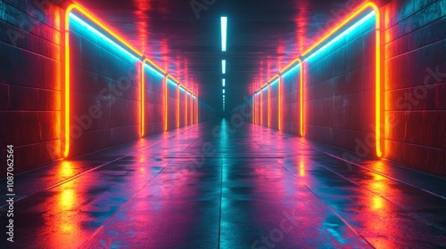 Symmetrical neon grid with radiant green and orange lights, intricate 3D depth, seamless futuristic design, fronton view, ultraHD, dramatic shadows photo