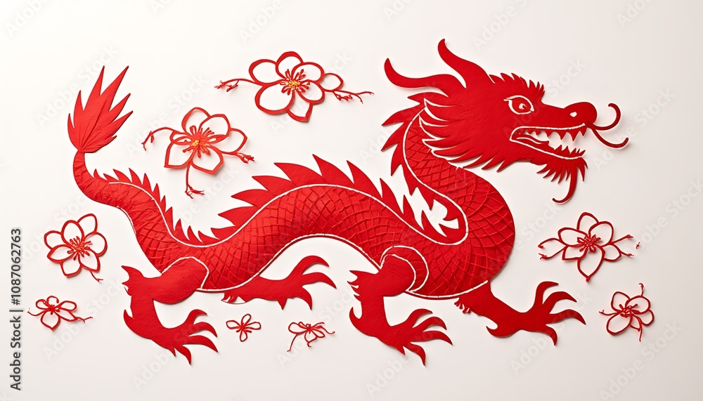 Red paper-cut dragon with floral accents for Chinese New Year Red paper-cut dragon with floral accents for Chinese New Year