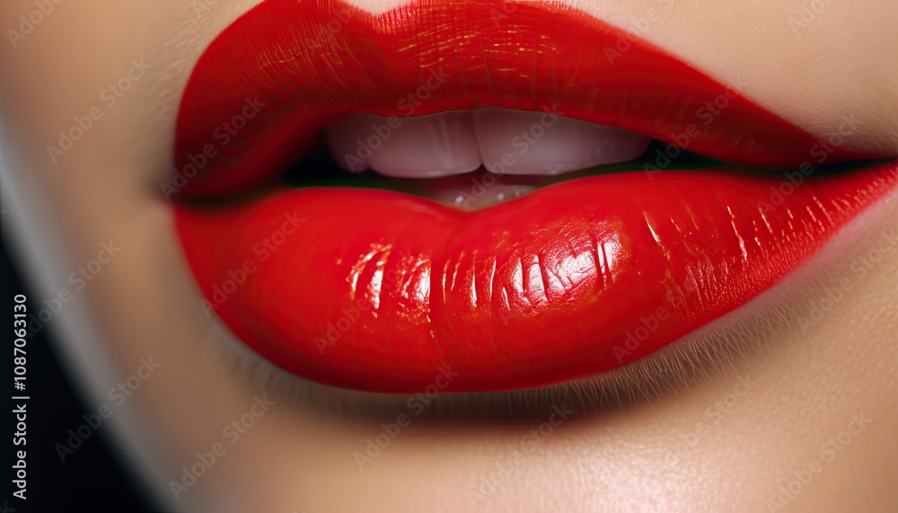 Obraz premium Extreme close-up of the red lips of a beautiful young woman.