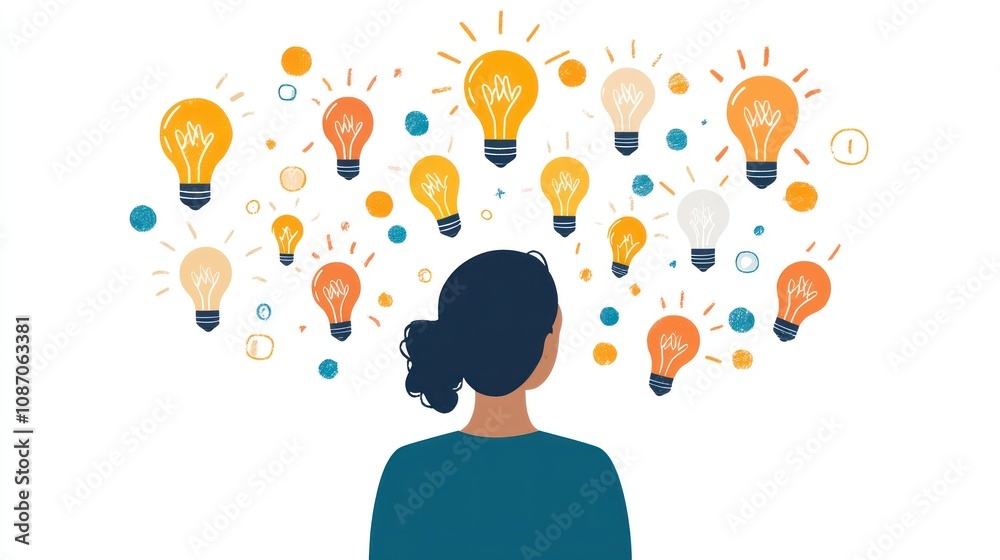 Creative Brainstorming Concept with Minimal Flat Design Person Generating New Ideas Using Lightbulb Icons on White Background Creative Brainstorming Concept with Minimal Flat Design Person Generating New Ideas Using Lightbulb Icons on White Background