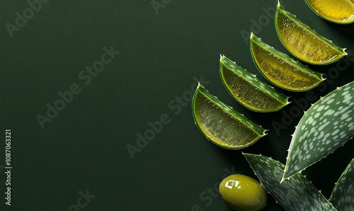 aloe vera slices and olive in a dark olive green background ,generative ai