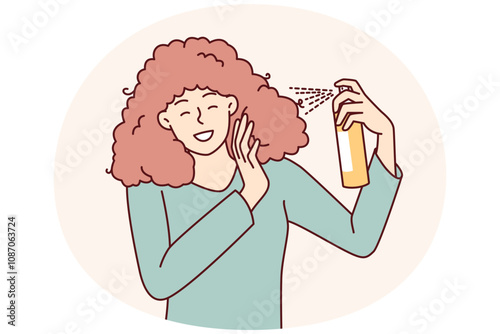 Woman uses spray to create cool hairstyle before going to party or gala dinner. Girl is engaged in independent hair care, wanting to have beautiful hairstyle thanks to cosmetic products