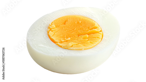 Soft-boiled egg with shell partially peeled, against a white background