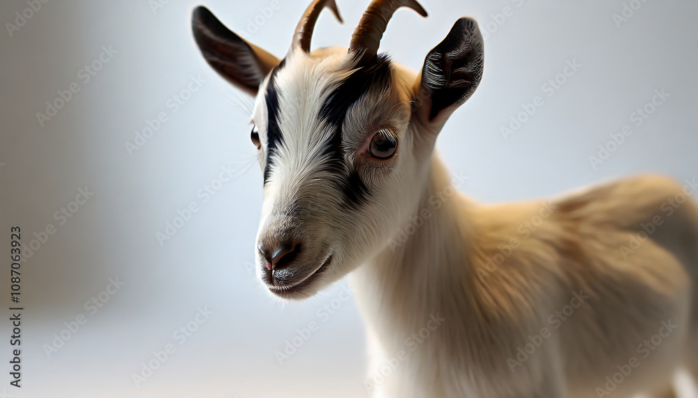 Cute Baby Goat with Black and White Stripes. Concept of Farm Animals, Livestock, and Domestic Animals. Cute Baby Goat with Black and White Stripes. Concept of Farm Animals, Livestock, and Domestic Animals.