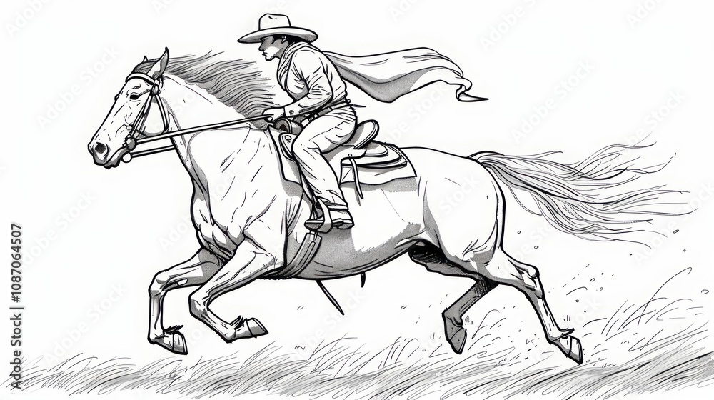 A cowboy rides a horse at full gallop across the plains