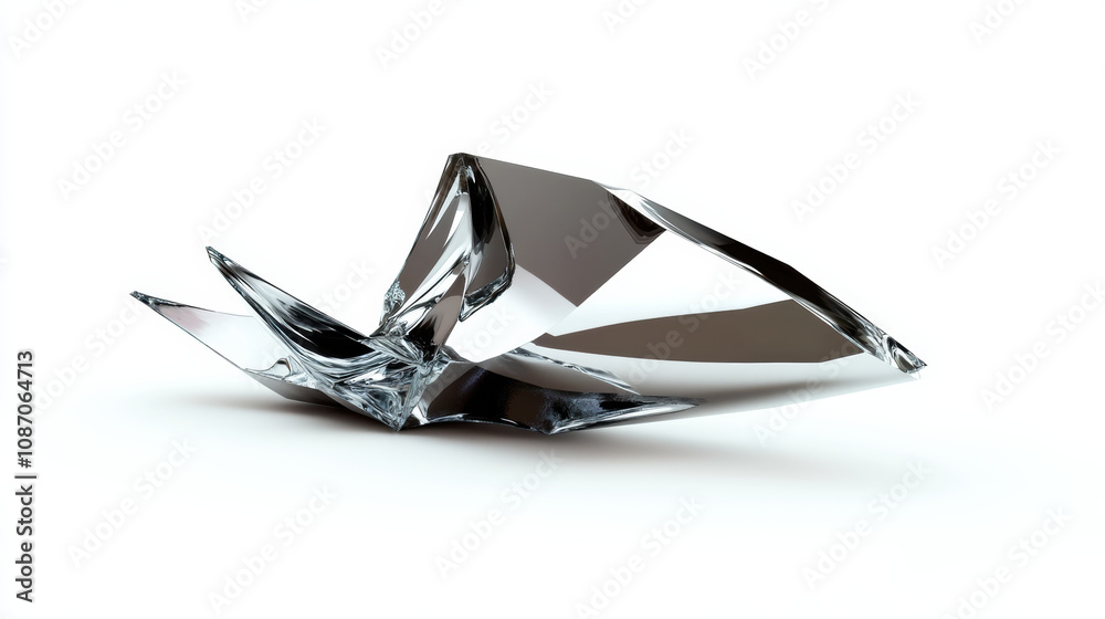 Sharp, metallic shard reflective geometric abstract sculpture modern art chrome shiny silver white background minimalist design object contemporary angular edges single piece three dimensional metal Sharp, metallic shard reflective geometric abstract sculpture modern art chrome shiny silver white background minimalist design object contemporary angular edges single piece three dimensional metal
