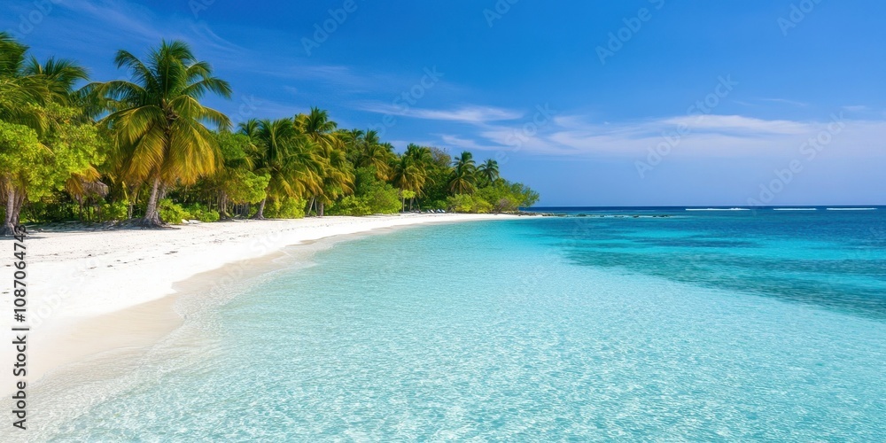 Fototapeta premium Tranquil remote island waterfront with pristine beach, inviting relaxation and natural beauty.