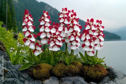 Wild orchids growing naturally beside a lake on the shore. photo