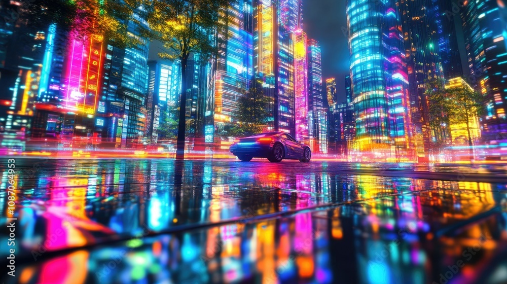 Obraz premium Night cityscape with vibrant neon lights reflecting on a wet street, a car driving through.