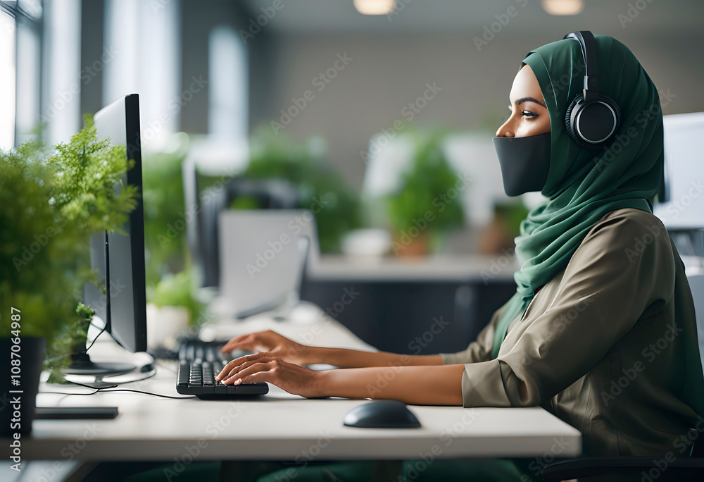 portrait a young smiling woman in hijab wears headset using laptop,working in call center service,talking with client,concept of telemarketing,customer relationship management portrait a young smiling woman in hijab wears headset using laptop,working in call center service,talking with client,concept of telemarketing,customer relationship management